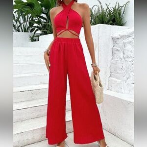 Vibrant Red Wide-Leg Two Piece Set with Halter Design